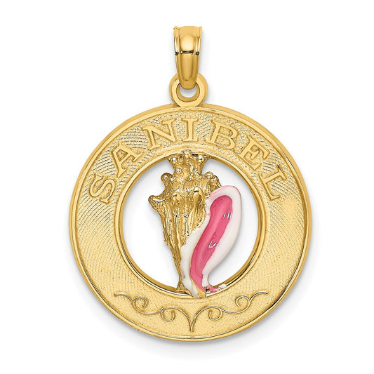 Million Charms 14K Yellow Gold Themed Sanibel Round Frame With Enamel Conch Shell Charm