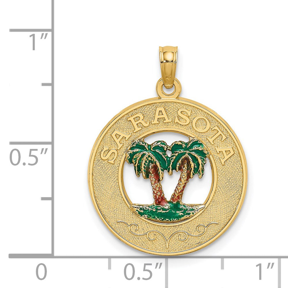 Million Charms 14K Yellow Gold Themed With Enamel Sarasota Round Frame & Palm Tree Charm