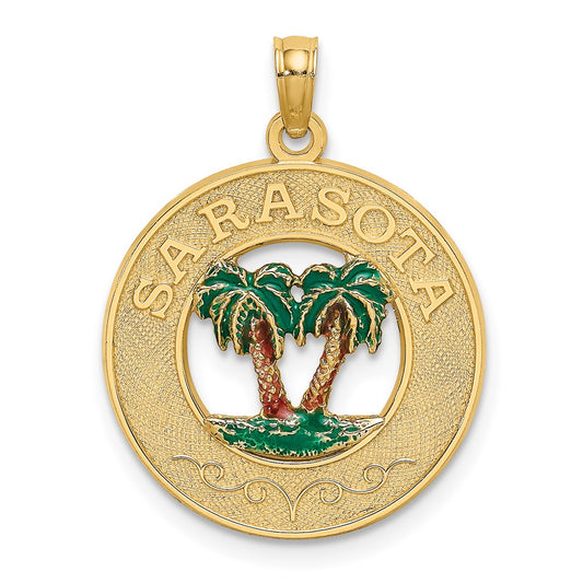 Million Charms 14K Yellow Gold Themed With Enamel Sarasota Round Frame & Palm Tree Charm