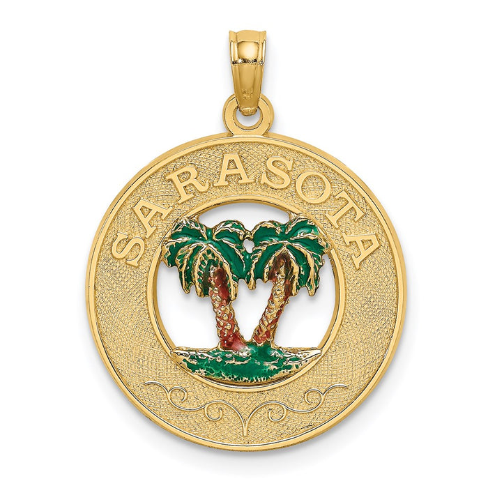 Million Charms 14K Yellow Gold Themed With Enamel Sarasota Round Frame & Palm Tree Charm