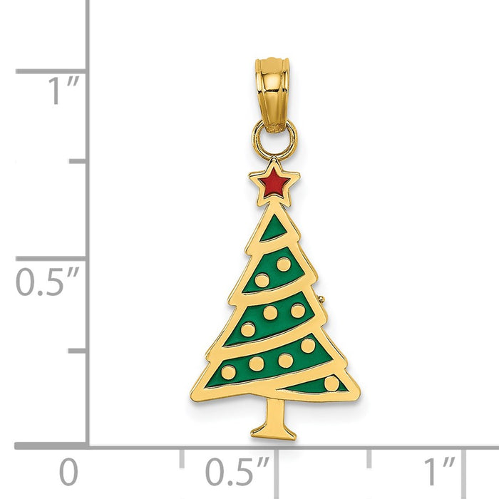 Million Charms 14K Yellow Gold Themed Enamel Green Christmas Tree With Red Star Charm