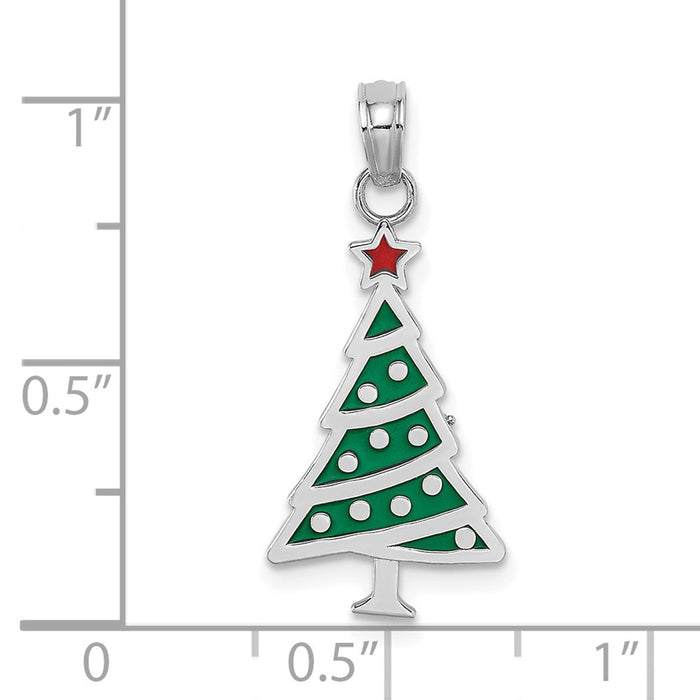 Million Charms 14K White Gold Themed Enamel Green Christmas Tree With Red Star Charm