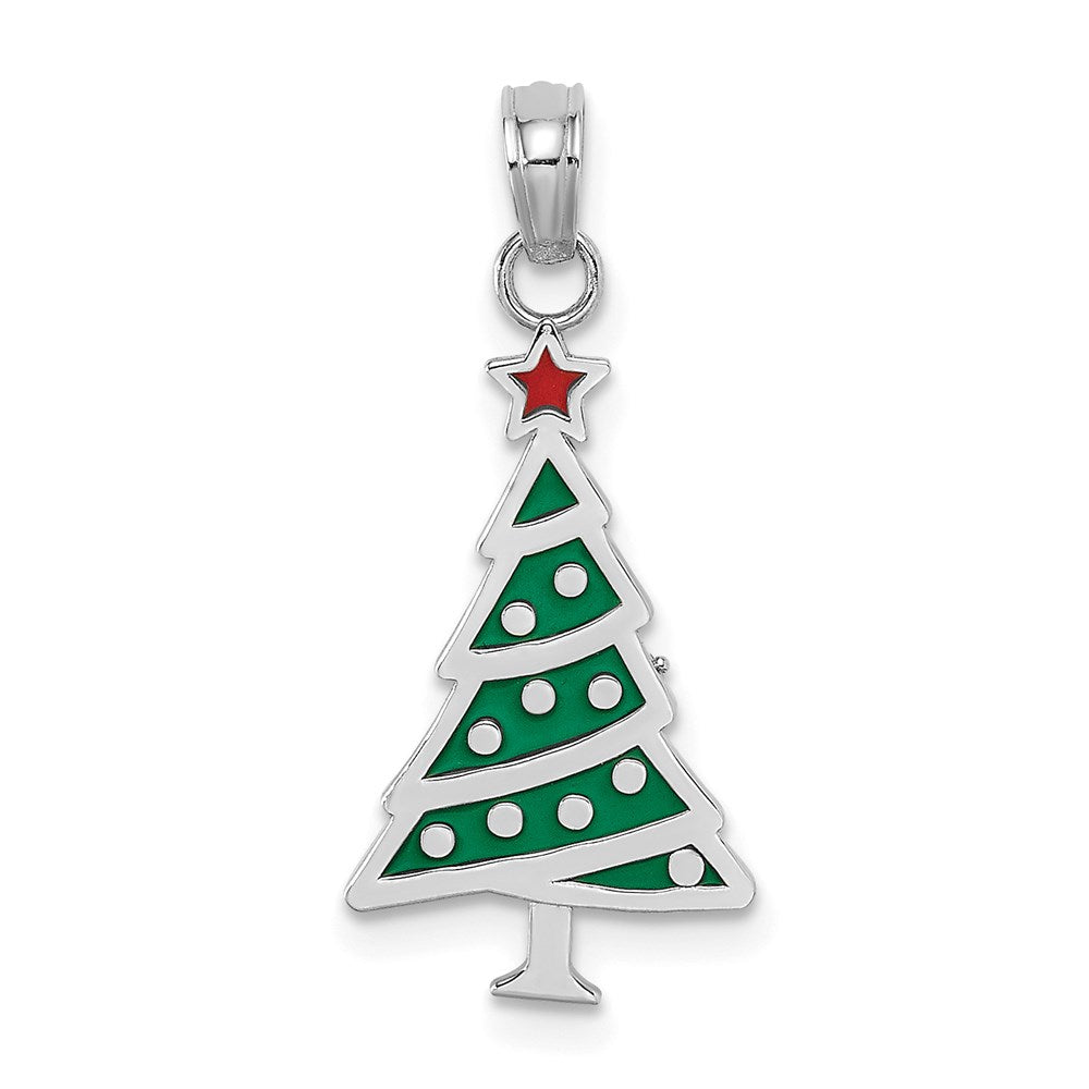 Million Charms 14K White Gold Themed Enamel Green Christmas Tree With Red Star Charm