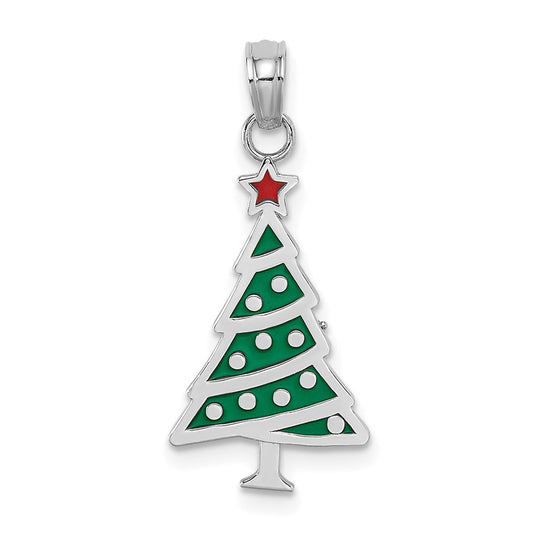 Million Charms 14K White Gold Themed Enamel Green Christmas Tree With Red Star Charm