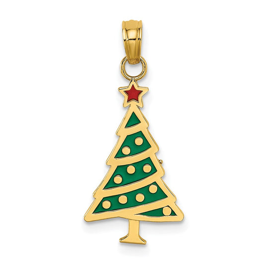 Million Charms 14K Yellow Gold Themed Enamel Green Christmas Tree With Red Star Charm
