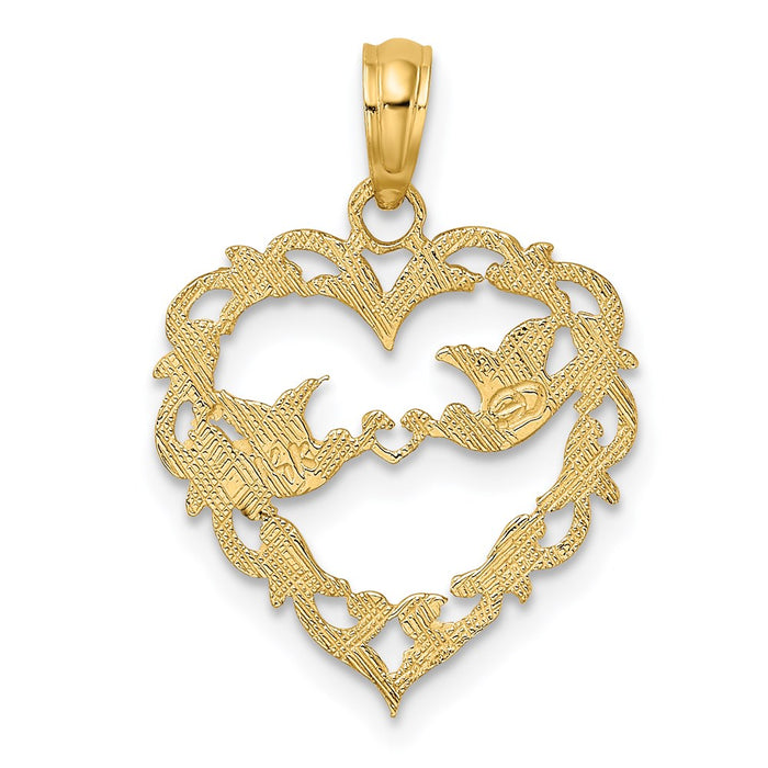 Million Charms 14K Yellow Gold Themed Polished Love Birds In Heart Pendant