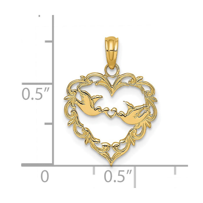 Million Charms 14K Yellow Gold Themed Polished Love Birds In Heart Pendant