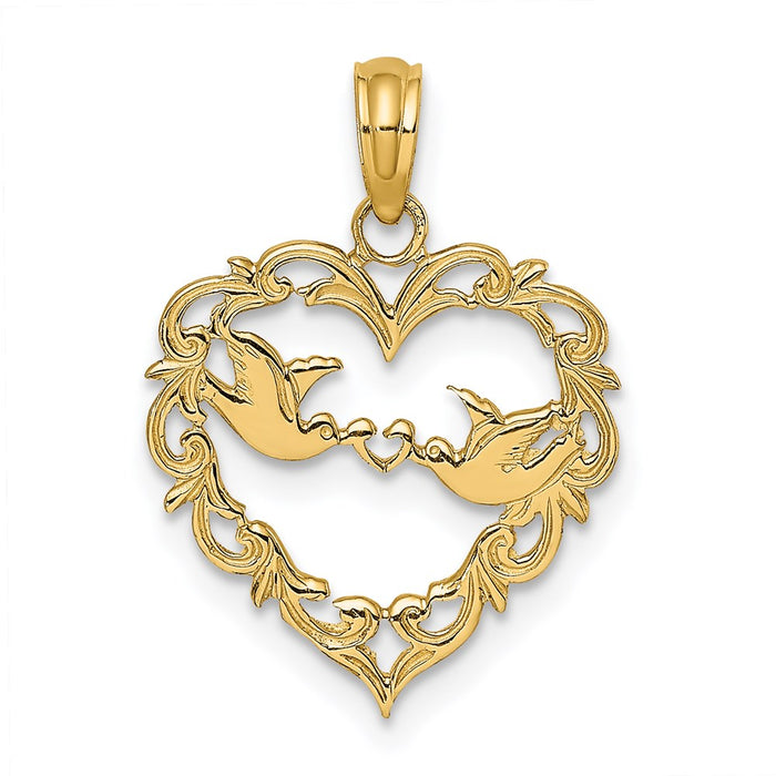 Million Charms 14K Yellow Gold Themed Polished Love Birds In Heart Pendant