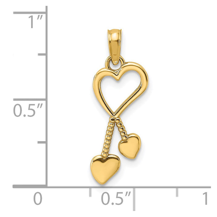 Million Charms 14K Yellow Gold Themed 2-D & Polished Heart With Double Heart Beaded Tassle Charm