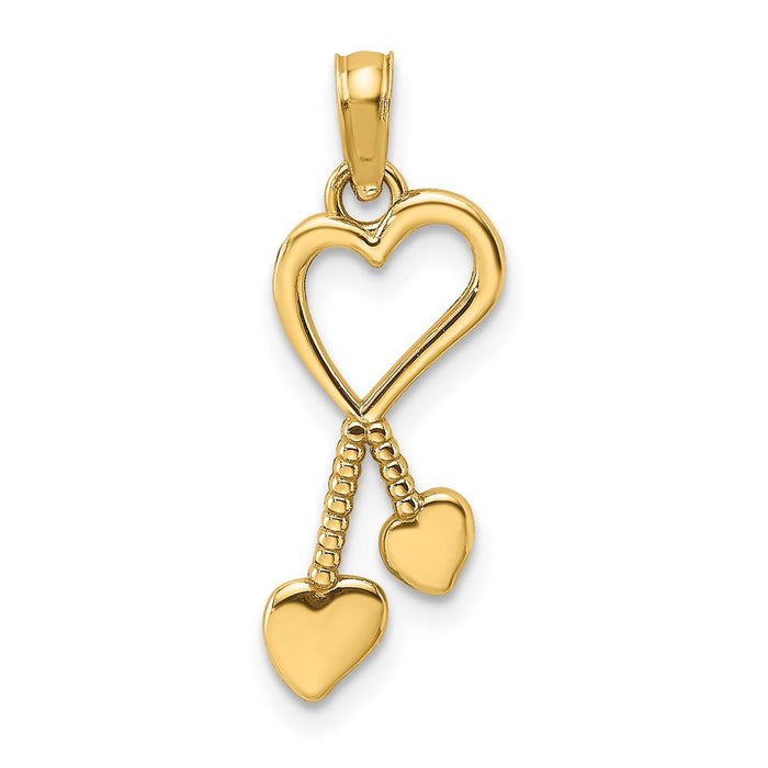 Million Charms 14K Yellow Gold Themed 2-D & Polished Heart With Double Heart Beaded Tassle Charm
