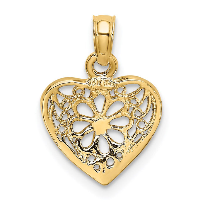 Million Charms 14K Yellow Gold Themed 2-D Filigree Heart With Flower Design Charm