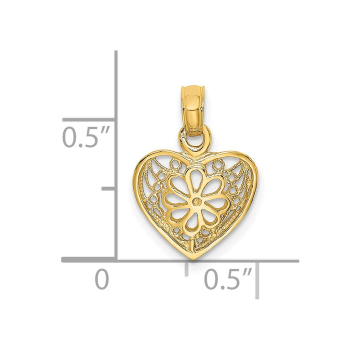 Million Charms 14K Yellow Gold Themed 2-D Filigree Heart With Flower Design Charm