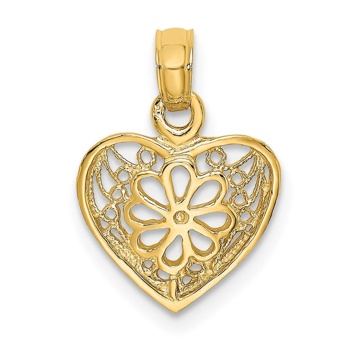 Million Charms 14K Yellow Gold Themed 2-D Filigree Heart With Flower Design Charm