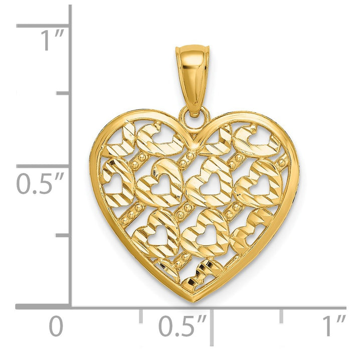 Million Charms 14K Yellow Gold Themed Diamond-Cut Heart Pattern On Heart Charm