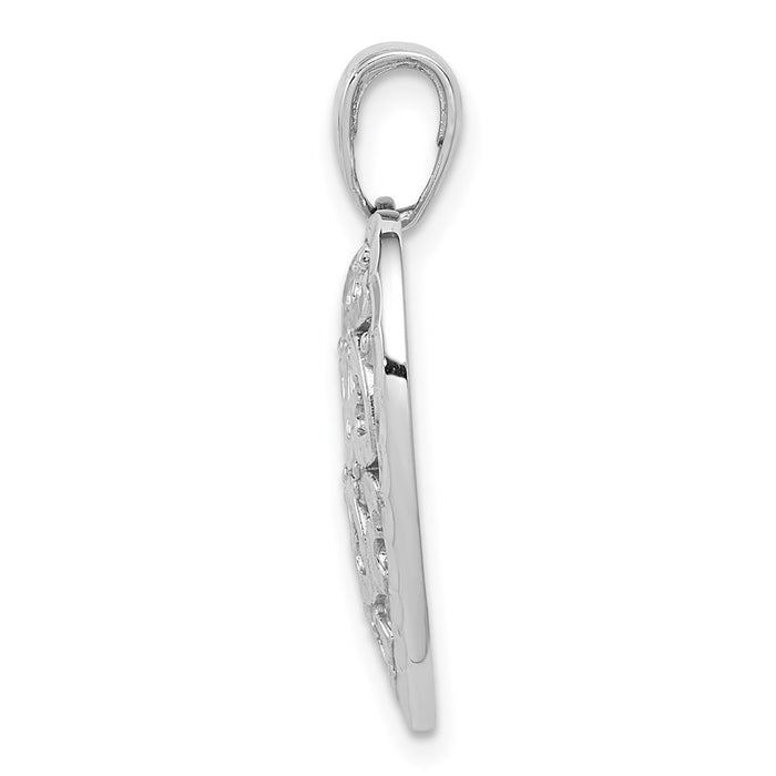 Million Charms 14K White Gold Themed Diamond-Cut Heart Pattern On Heart Charm