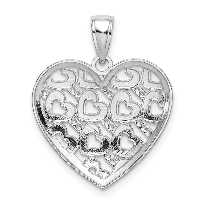 Million Charms 14K White Gold Themed Diamond-Cut Heart Pattern On Heart Charm