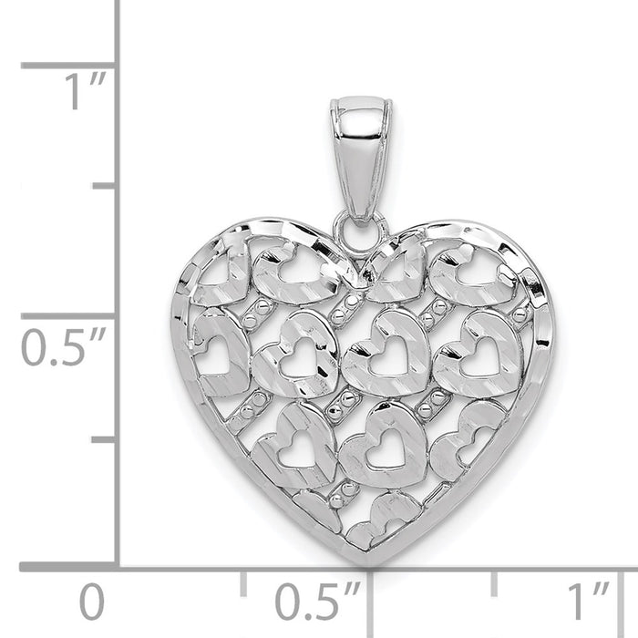 Million Charms 14K White Gold Themed Diamond-Cut Heart Pattern On Heart Charm