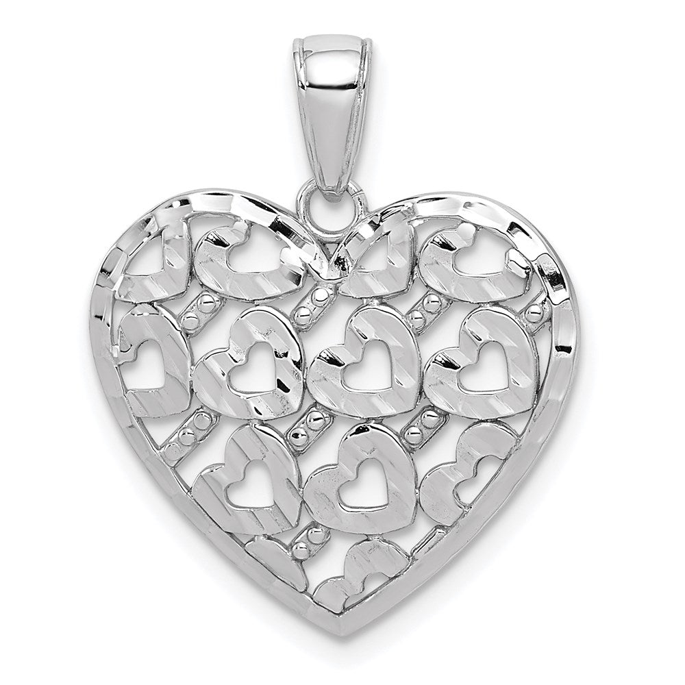 Million Charms 14K White Gold Themed Diamond-Cut Heart Pattern On Heart Charm