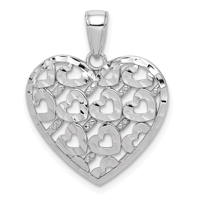 Million Charms 14K White Gold Themed Diamond-Cut Heart Pattern On Heart Charm