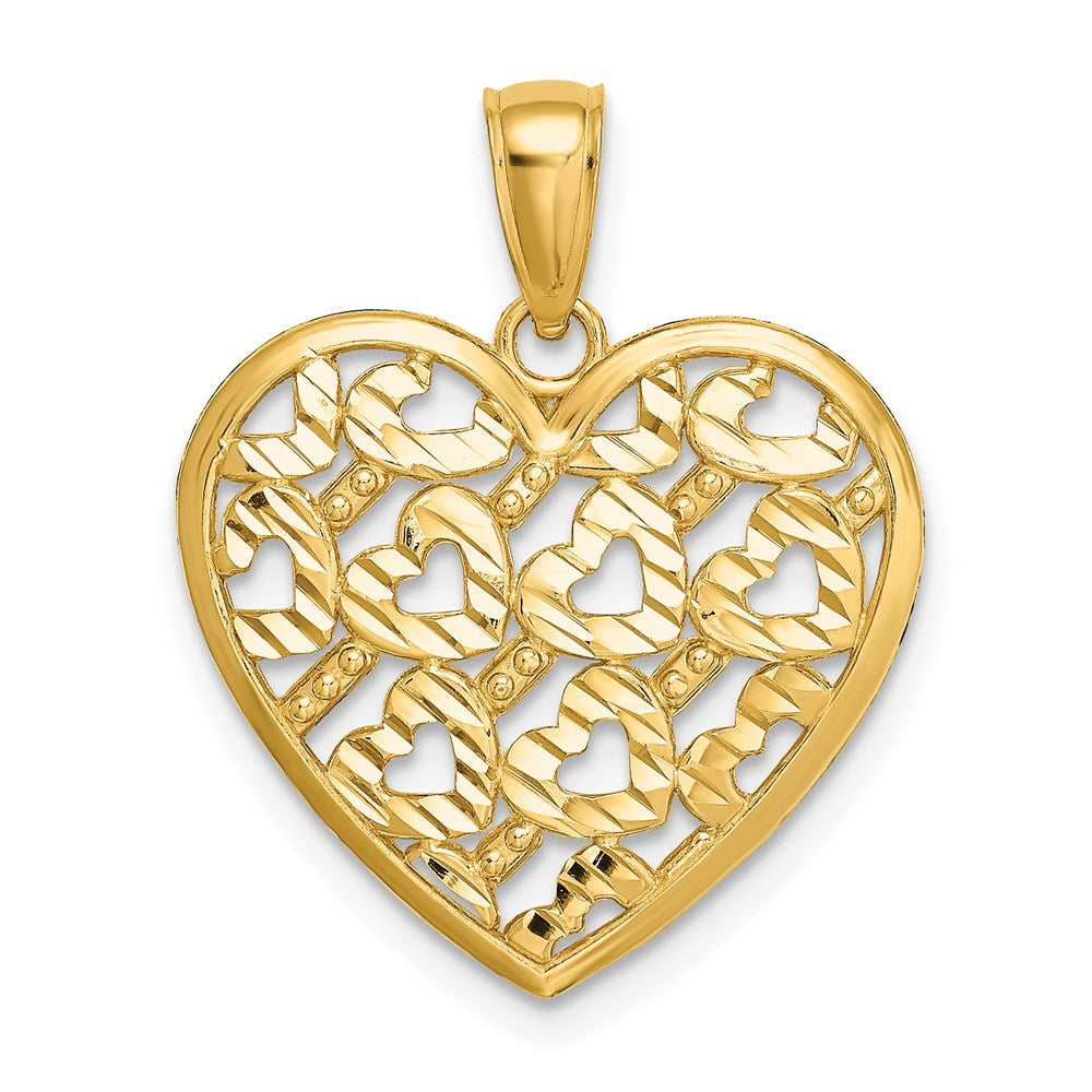 Million Charms 14K Yellow Gold Themed Diamond-Cut Heart Pattern On Heart Charm
