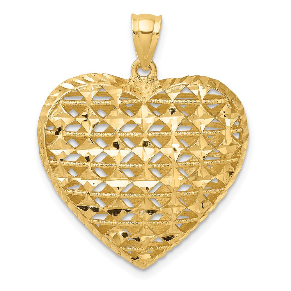 Million Charms 14K Yellow Gold Themed Diamond-Cut 3-D Puffed Heart With Marquise Pattern Charm