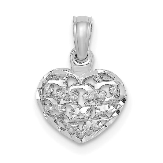 Million Charms 14K White Gold Themed 3-D & Diamond-Cut Mini Puffed Heart Charm