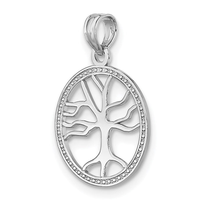 Million Charms 14K White Gold Themed 3-D Small Tree Of Life In Round Frame Charm