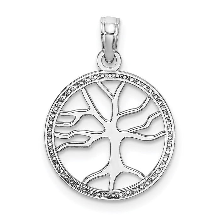 Million Charms 14K White Gold Themed 3-D Small Tree Of Life In Round Frame Charm