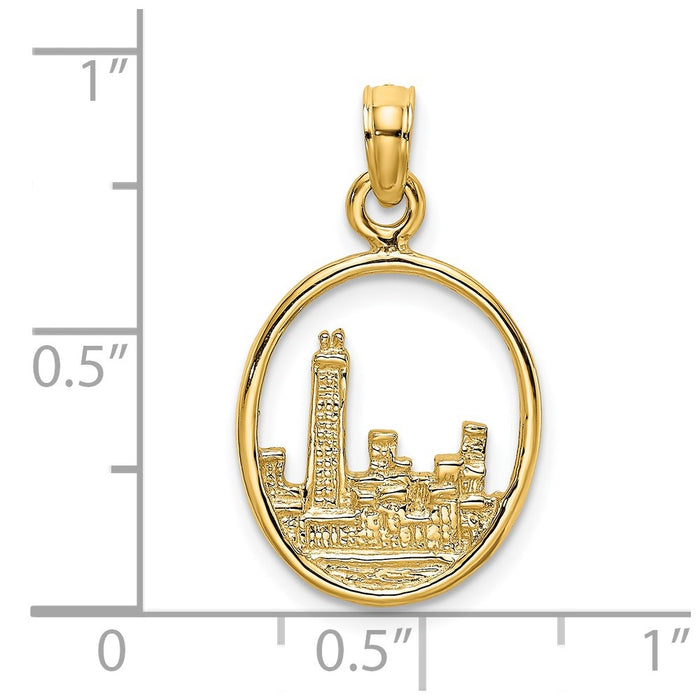 Million Charms 14K Yellow Gold Themed 2-D Chicago Skyline In Circle Frame Charm