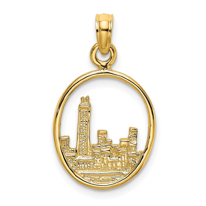 Million Charms 14K Yellow Gold Themed 2-D Chicago Skyline In Circle Frame Charm