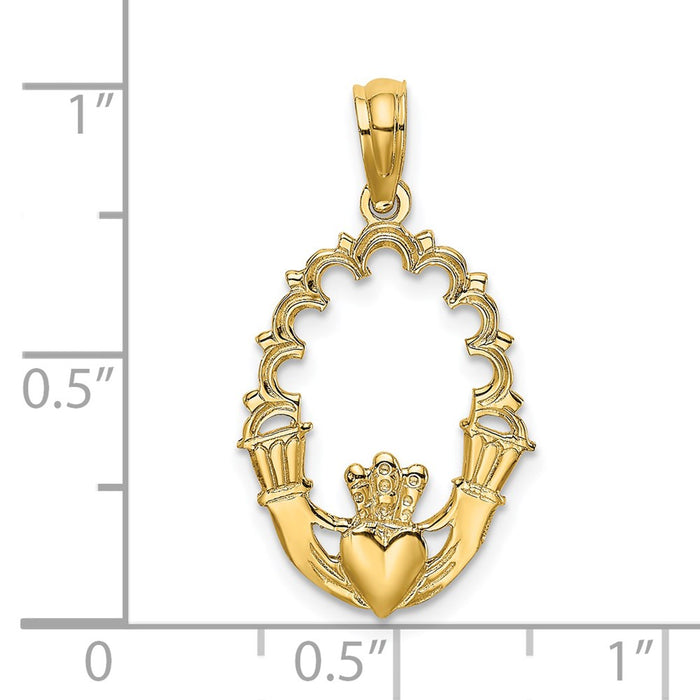 Million Charms 14K Yellow Gold Themed Engraved Claddagh In Oval With Lace Trim Charm