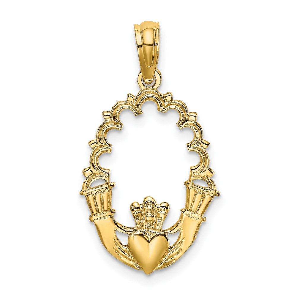 Million Charms 14K Yellow Gold Themed Engraved Claddagh In Oval With Lace Trim Charm