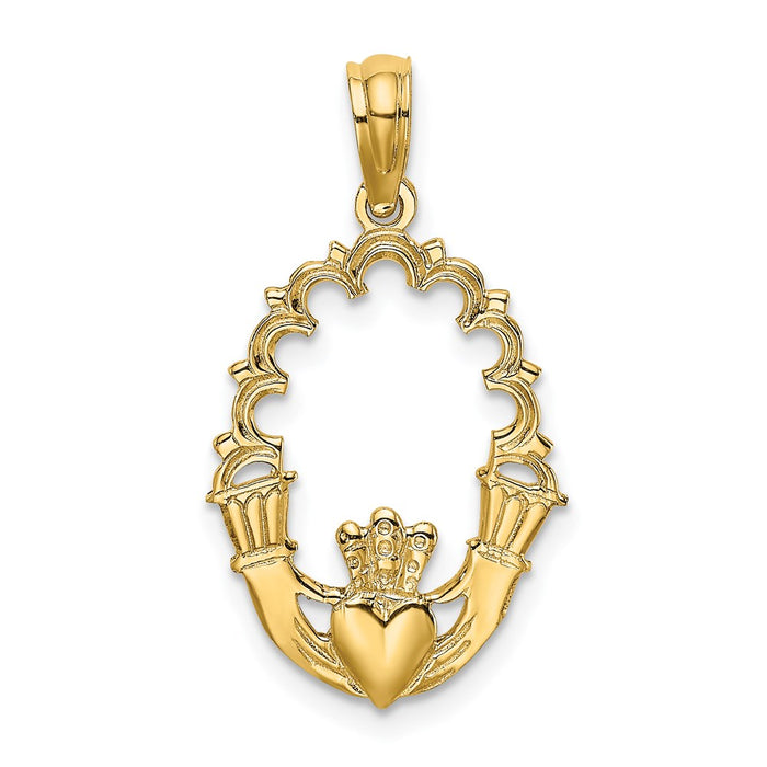 Million Charms 14K Yellow Gold Themed Engraved Claddagh In Oval With Lace Trim Charm