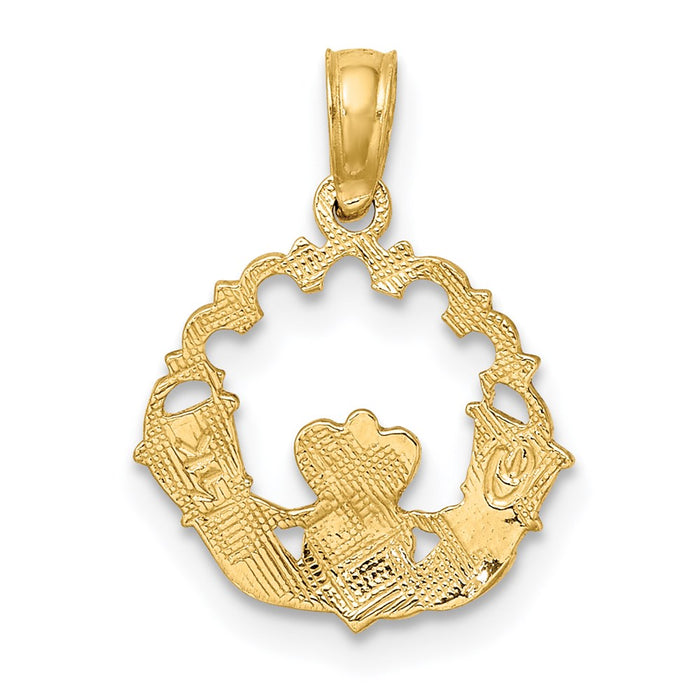 Million Charms 14K Yellow Gold Themed Engraved Claddagh In Scallop Circle Charm