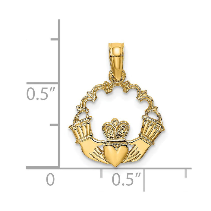 Million Charms 14K Yellow Gold Themed Engraved Claddagh In Scallop Circle Charm