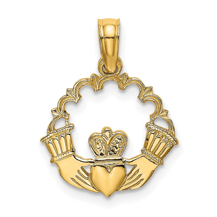 Million Charms 14K Yellow Gold Themed Engraved Claddagh In Scallop Circle Charm