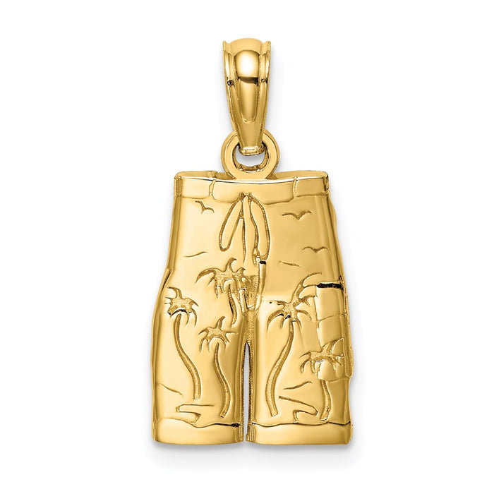 Million Charms 14K Yellow Gold Themed Engraved Board Shorts With Palm Trees Charm