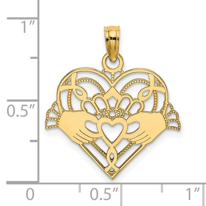 Million Charms 14K Yellow Gold Themed Polished & Beaded Claddagh In Heart Charm