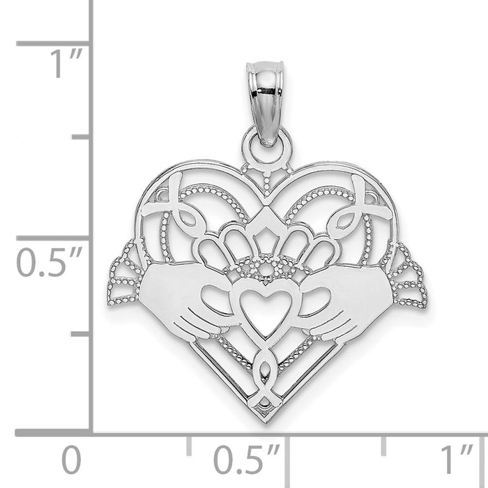 Million Charms 14K White Gold Themed Polished & Beaded Claddagh In Heart Charm