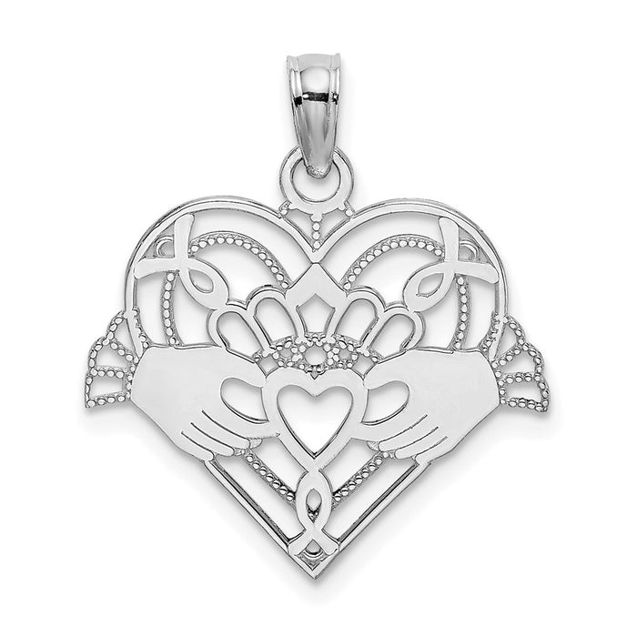 Million Charms 14K White Gold Themed Polished & Beaded Claddagh In Heart Charm