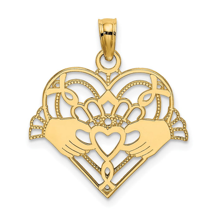 Million Charms 14K Yellow Gold Themed Polished & Beaded Claddagh In Heart Charm