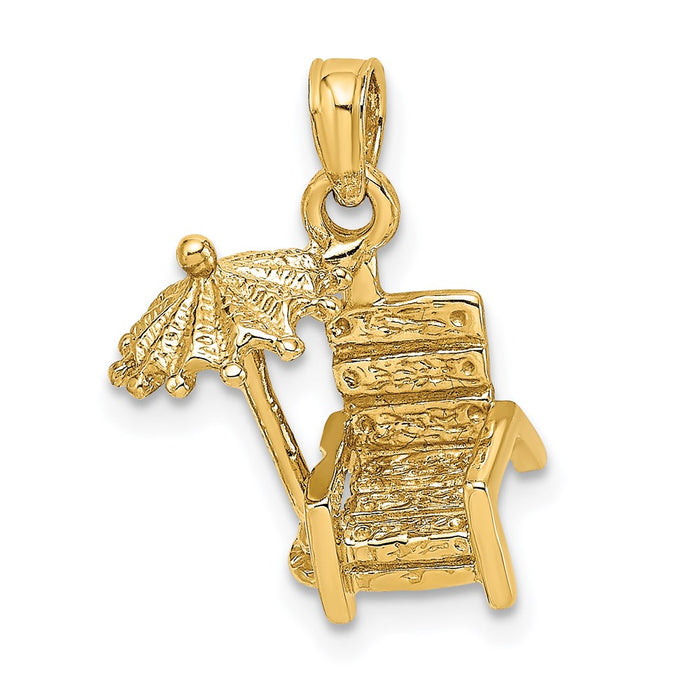 Million Charms 14K Yellow Gold Themed 3-D Beach Chair With Umbrella Charm