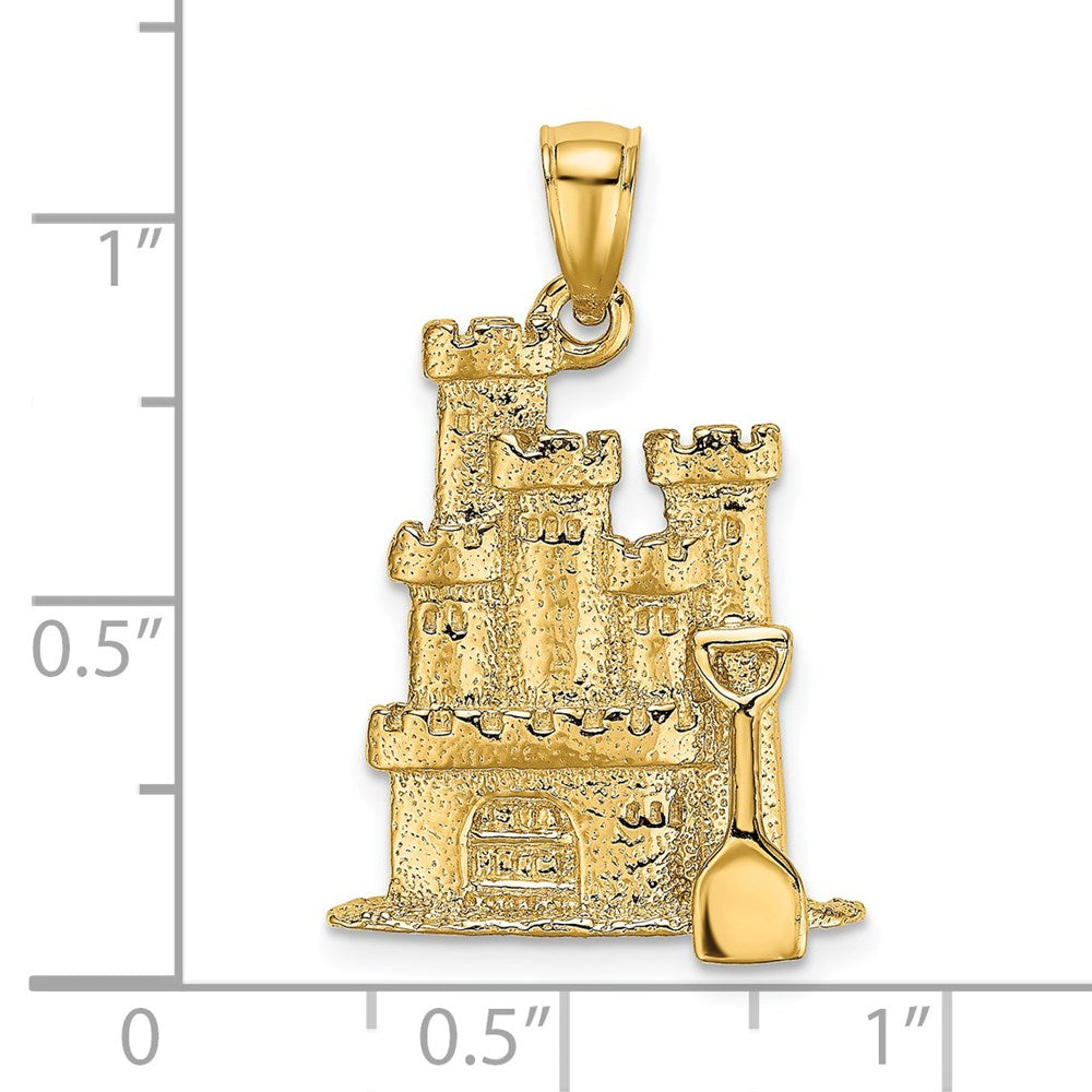 Million Charms 14K Yellow Gold Themed 3-D Textured Sand Castle With Shovel Charm