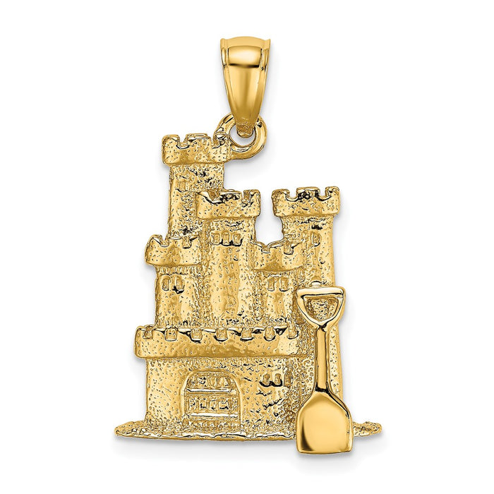 Million Charms 14K Yellow Gold Themed 3-D Textured Sand Castle With Shovel Charm