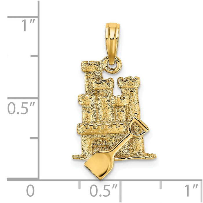 Million Charms 14K Yellow Gold Themed 3-D Sand Castle With Shovel Charm