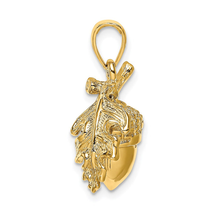 Million Charms 14K Yellow Gold Themed 3-D Acorn With Single Leaf
