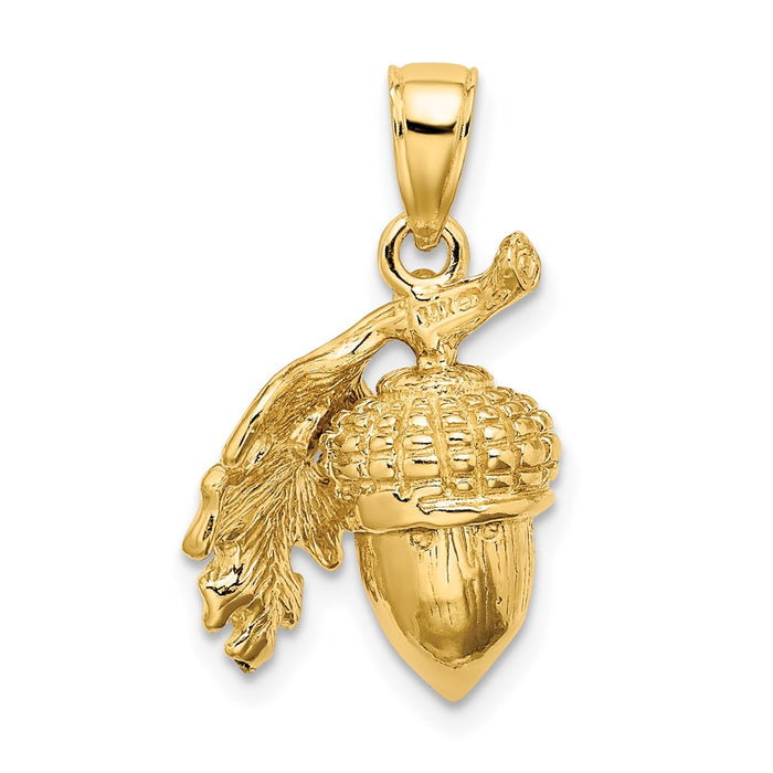 Million Charms 14K Yellow Gold Themed 3-D Acorn With Single Leaf