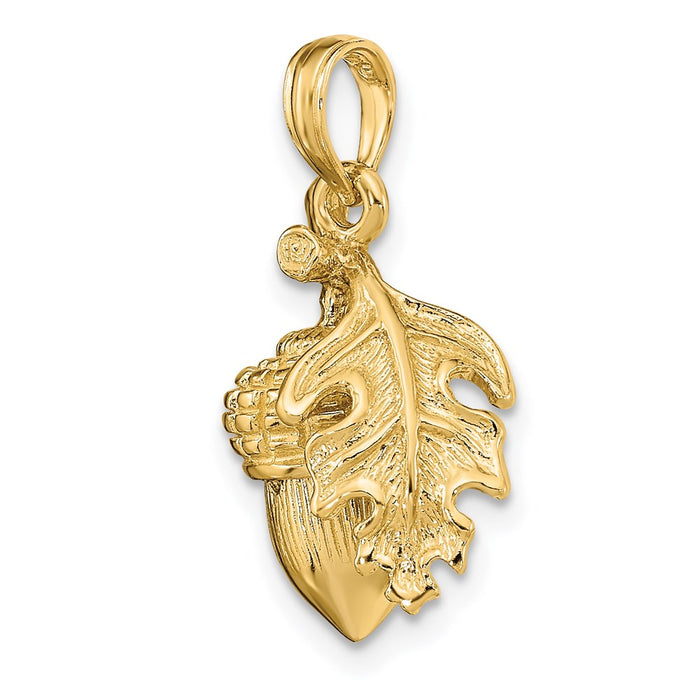 Million Charms 14K Yellow Gold Themed 3-D Acorn With Single Leaf