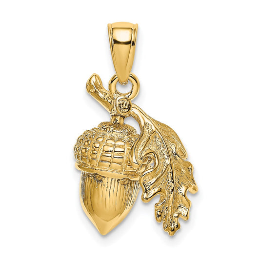 Million Charms 14K Yellow Gold Themed 3-D Acorn With Single Leaf