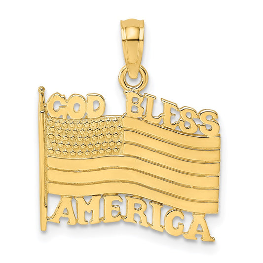Million Charms 14K Yellow Gold Themed Polished & Textured God Bless America With Flag Charm